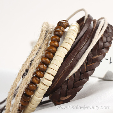 Wooden Beads Bracelet DIY Multi Layer Leather Wristbands